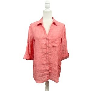 C&C California Sz Small Coral Pink 100% Linen Roll Tab Sleeve Button Down Shirt